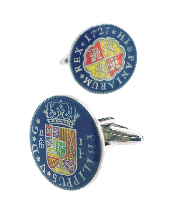 Gemelos para Camisa Replica Moneda 1 Real Español Felipe V 1727 Color Azul Marino - BlasdeLezo